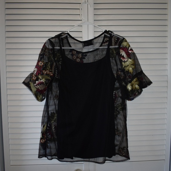 Ruff Hewn NWT Sheer Embroidered Floral Short Sleeve Black/Green/Red Top Size M - Picture 3 of 15